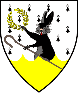 A shield with a black rabbit holding a yellow laurel wreaht
